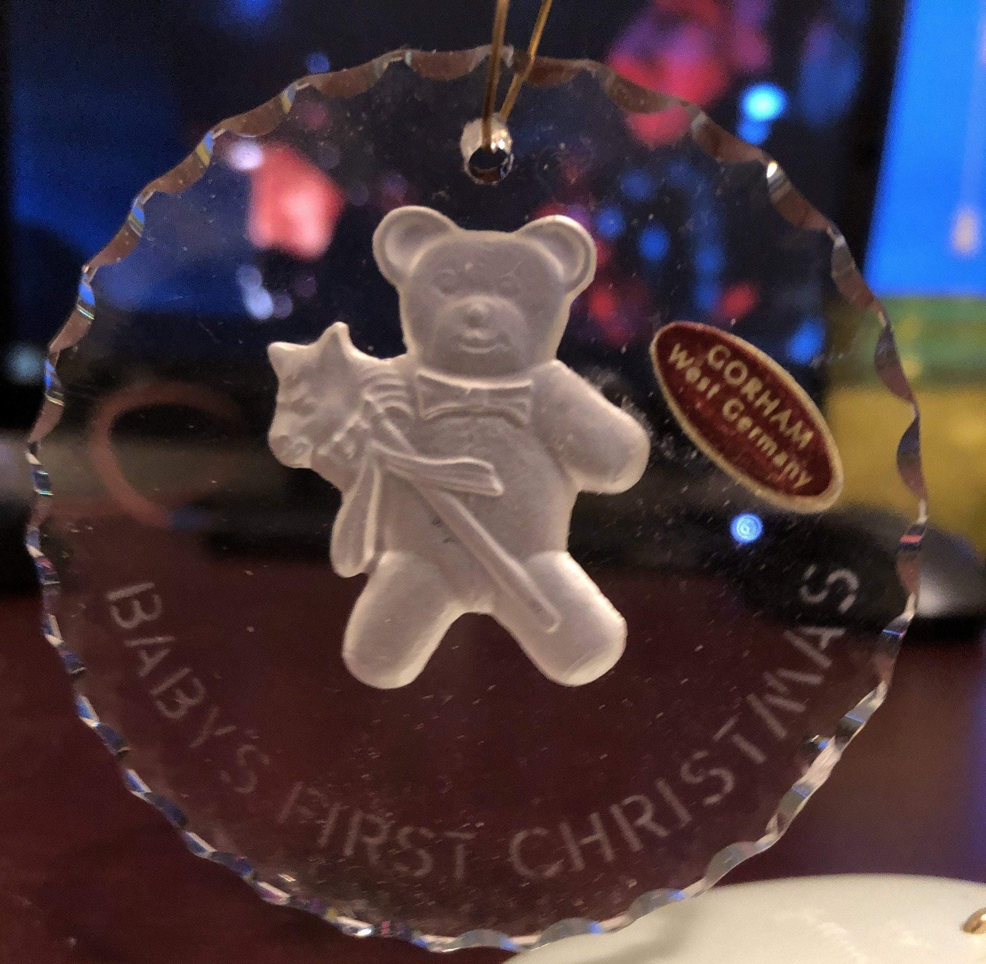 Baby&#39;s First Christmas, Teddy Bear, Gorham, West Germany, Round Beveled Glass Ornament