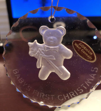 Baby&#39;s First Christmas, Teddy Bear, Gorham, West Germany, Round Beveled Glass Ornament