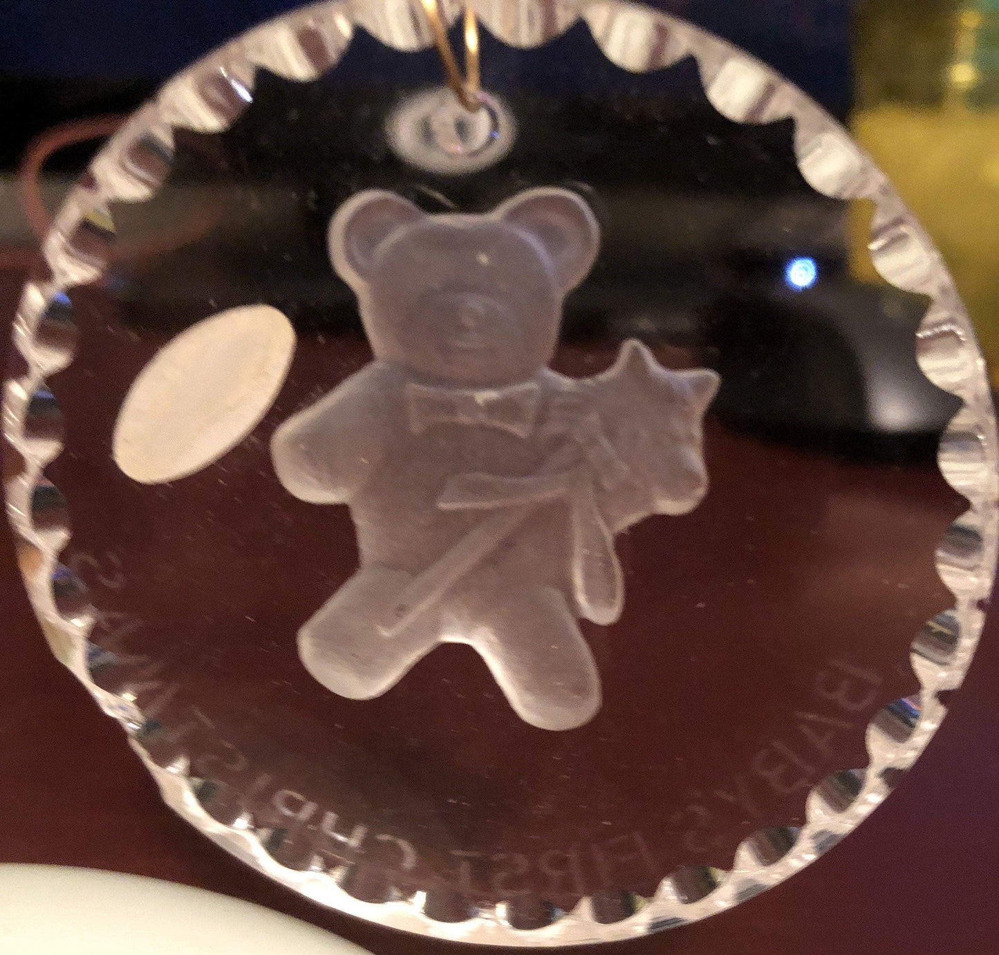 Baby&#39;s First Christmas, Teddy Bear, Gorham, West Germany, Round Beveled Glass Ornament