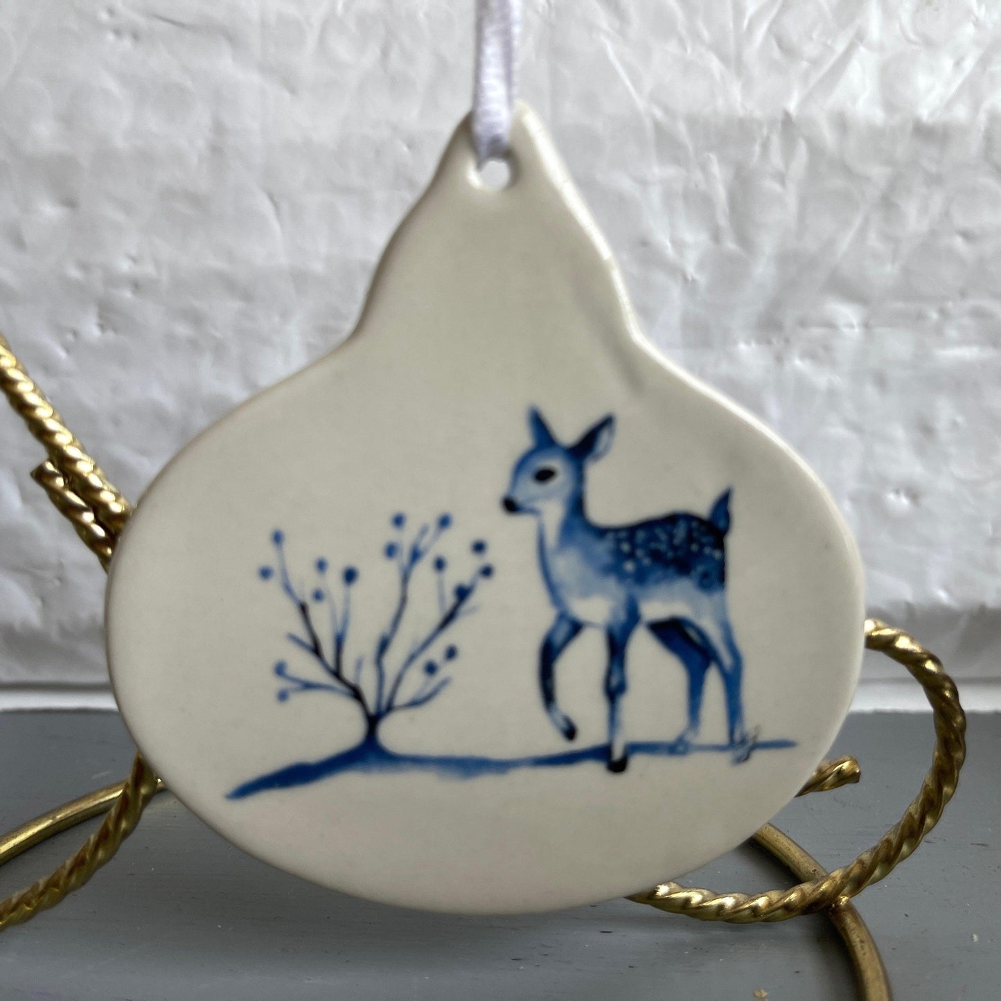 Cute Little Doe Trotting Along Vintage Stoneware Christmas Tree Ornament