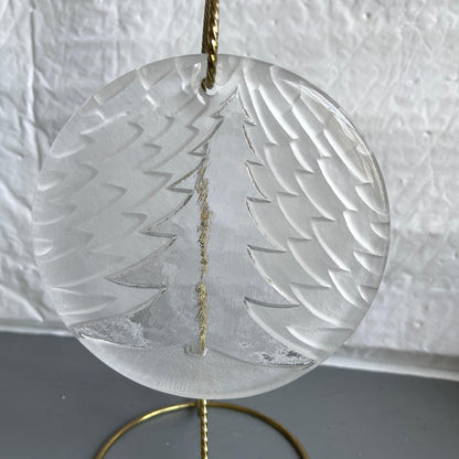 Christmas Tree in Frosted 1/2 Inch Thick 5 Inch Round Clear Glass Vintage Wall Hanging/Ornament