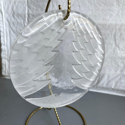 Christmas Tree in Frosted 1/2 Inch Thick 5 Inch Round Clear Glass Vintage Wall Hanging/Ornament