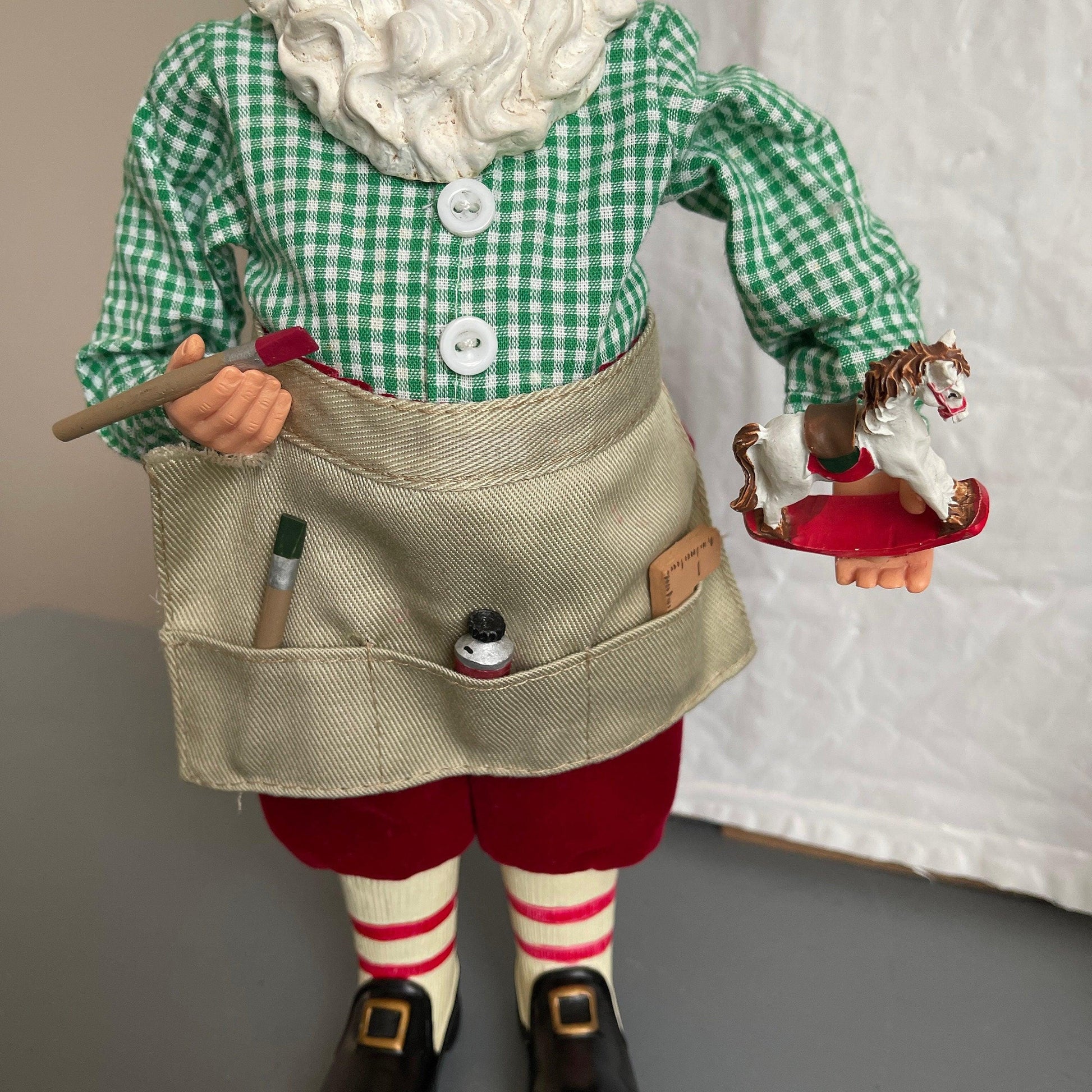 Beautiful, Very Detailed, Santa in Work Apron Painting A Hobby Horse, Vintage, Decorative Collectible, Christmas Figurine