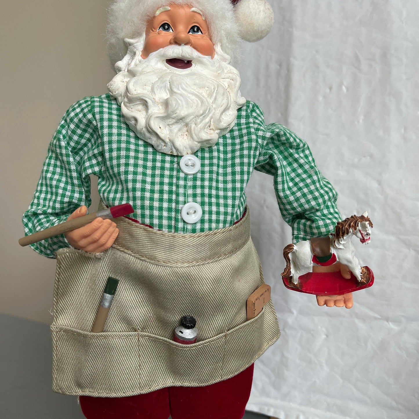 Beautiful, Very Detailed, Santa in Work Apron Painting A Hobby Horse, Vintage, Decorative Collectible, Christmas Figurine