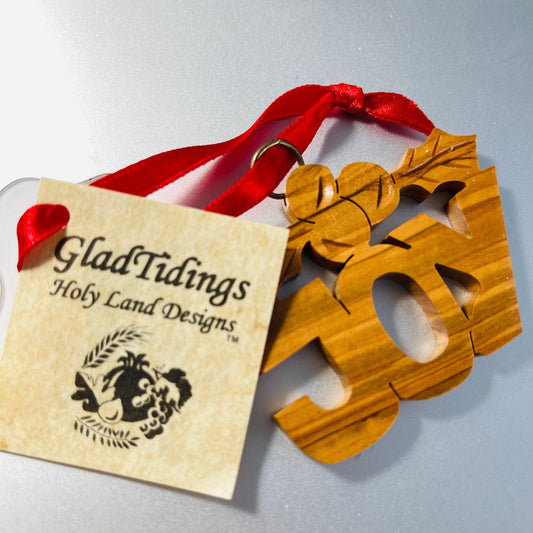 Holy Land Designs, Glad Tidings, Joy with Holly, Carved Wood Ornament, Handmade In Jordan