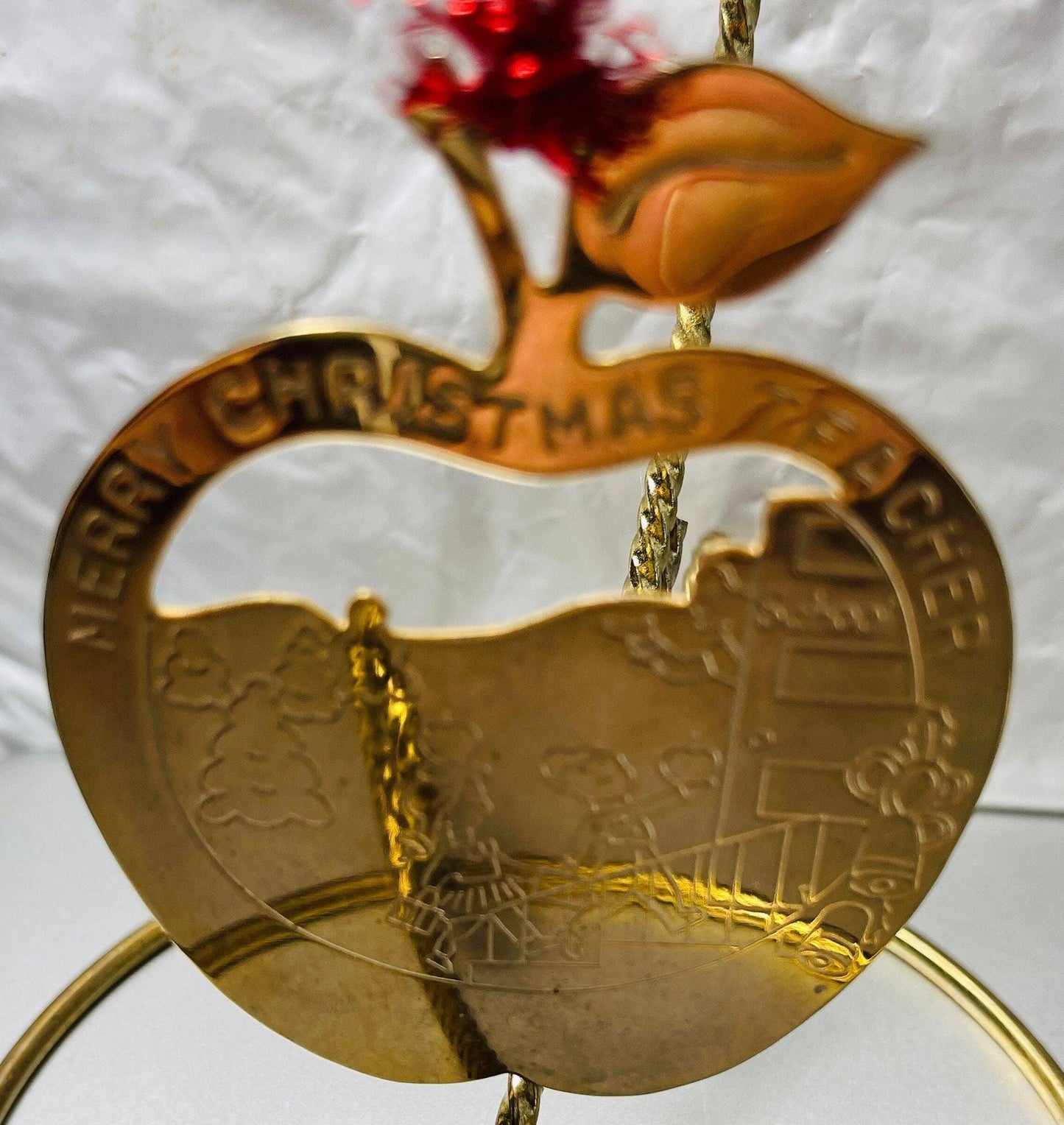 Merry Christmas Teacher, Apple Shaped, Goldtone Metal, Etched School Scene, Vintage 1989, Ornament