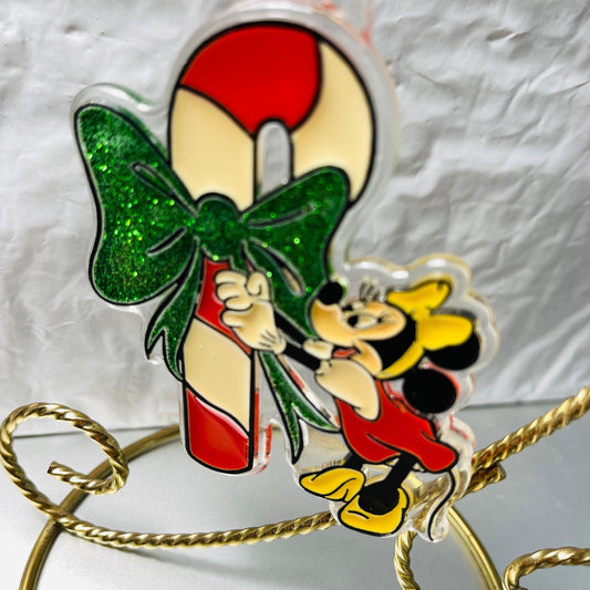 Disney&#39;s, Minnie Mouse, Tying an Bow On A Candy Cane, Acrylic Ornament