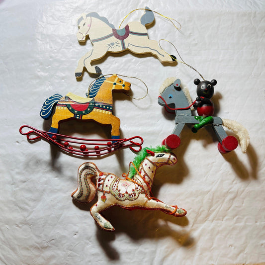 Rocking Horse, Set of 4, Wood, Metal and Fabric, Ornaments