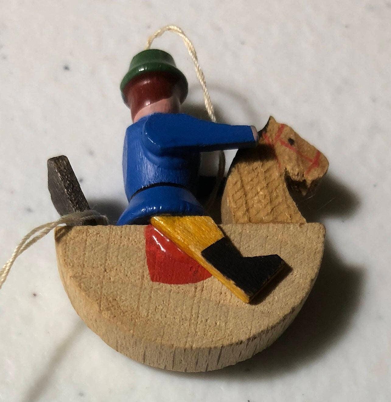 Wooden Soldier on Rocking Horse, Cute Mini Vintage Christmas Ornament