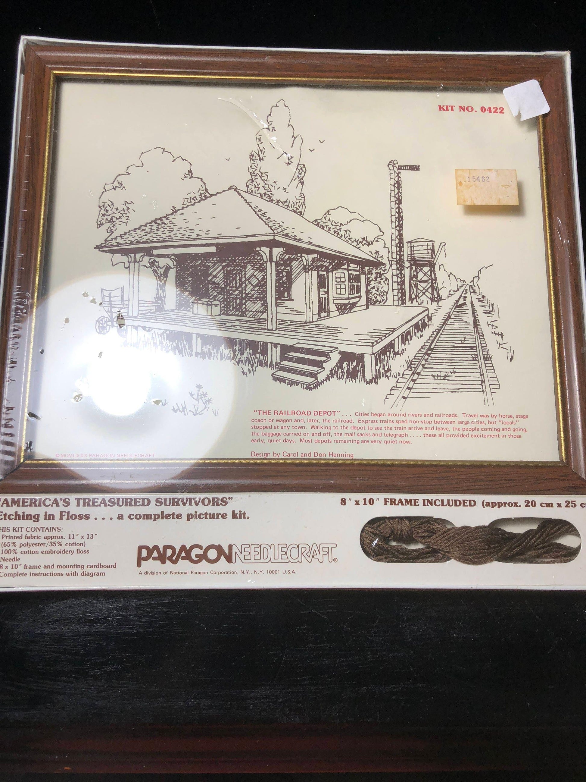 Paragon Needlecraft, The Railroad Depot, Etching in Floss Kit, includes 8 by 10 Frame and Floss, Vintage 1980, Counted Cross Stitch Kit