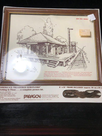 Paragon Needlecraft, The Railroad Depot, Etching in Floss Kit, includes 8 by 10 Frame and Floss, Vintage 1980, Counted Cross Stitch Kit