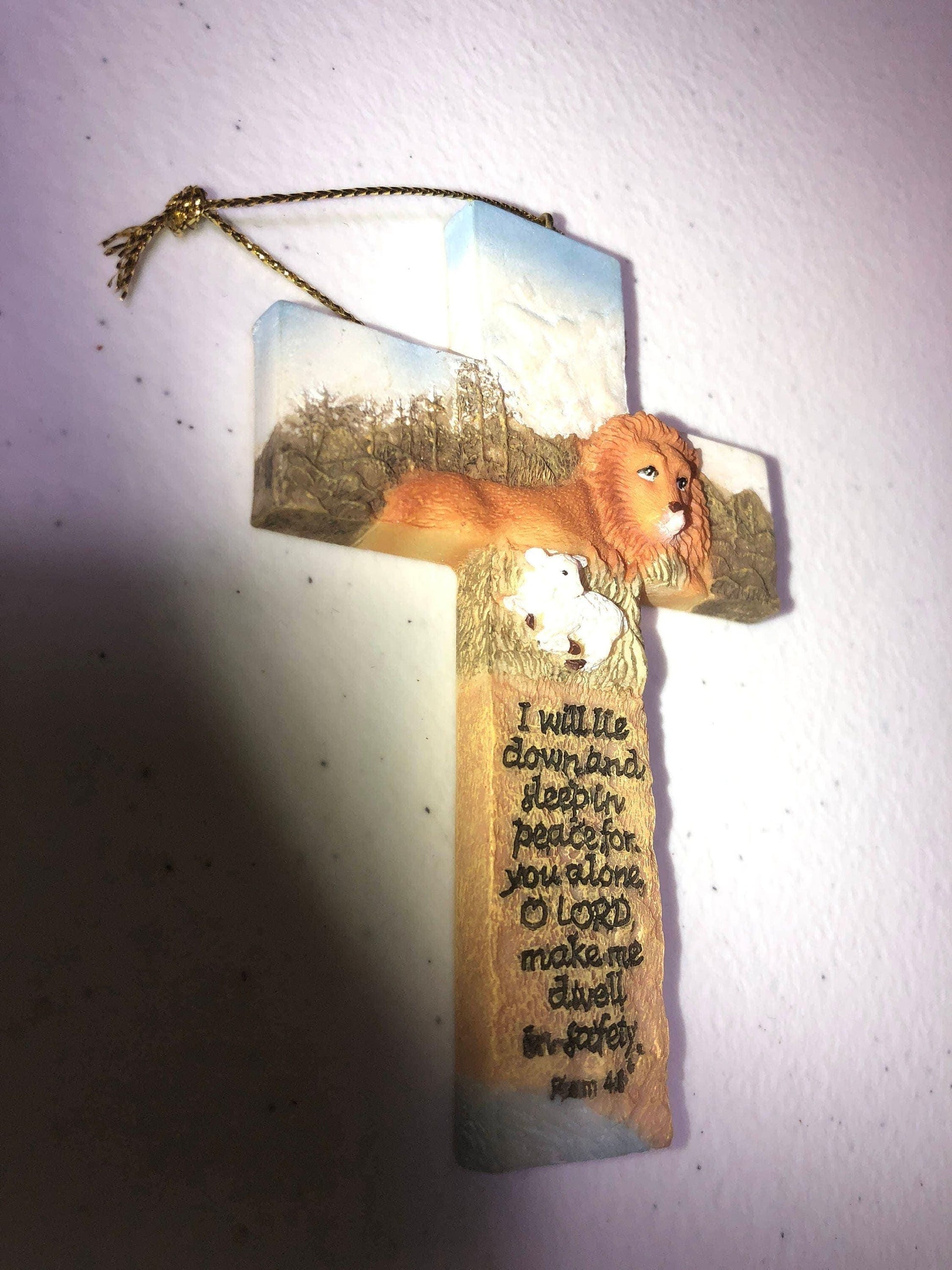 Holy Cross with Lion and Psalm, Vintage Ceramic Christmas Ornament