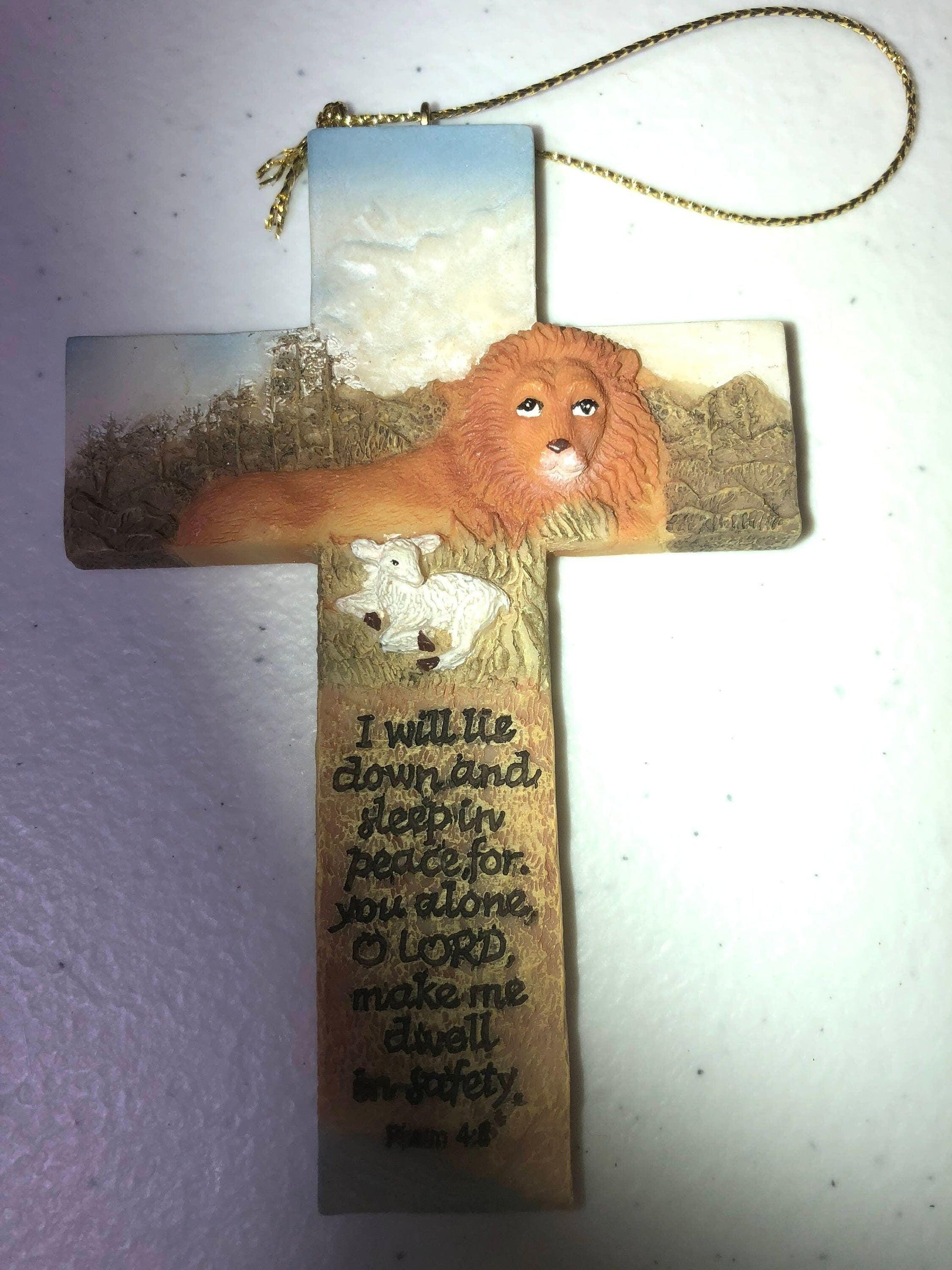 Holy Cross with Lion and Psalm, Vintage Ceramic Christmas Ornament