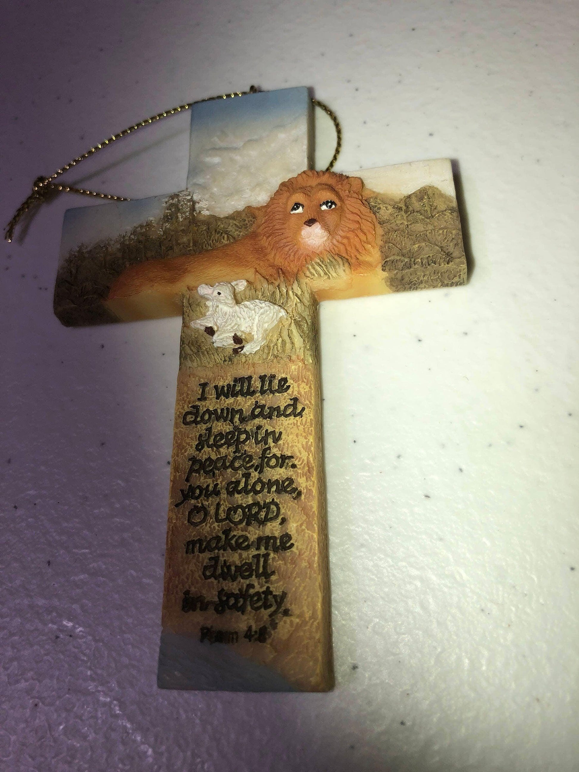 Holy Cross with Lion and Psalm, Vintage Ceramic Christmas Ornament