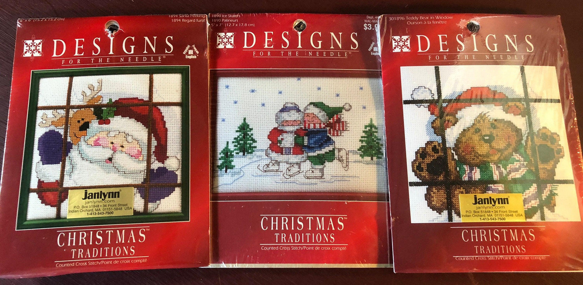 Designs for the Needle, Choice of 3, Ice Skaters, or Santa Peeking, or Teddy Bear in Window, Vintage 1998, Cross Stitch Kits*