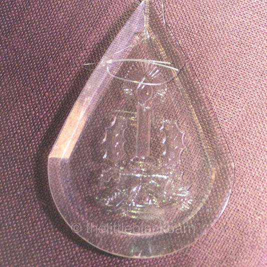 Candle with Flame and Holly Bow and Evergreens. In Shape of Teardrop , Vintage Acrylic Ornament