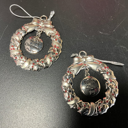 Wonderful wreaths set of 2 silver-tone with dangling Merry Christmas and Peace on Earth ornaments