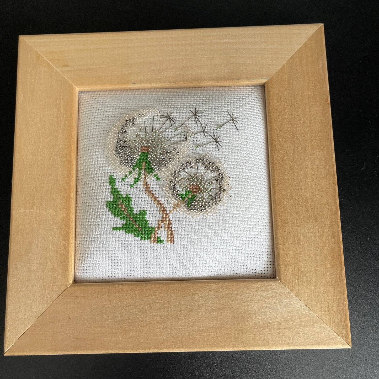 Fluffy Dandelion with seeds flying in a nice natural 7.5 inch square frame fully finished cross stitch picture