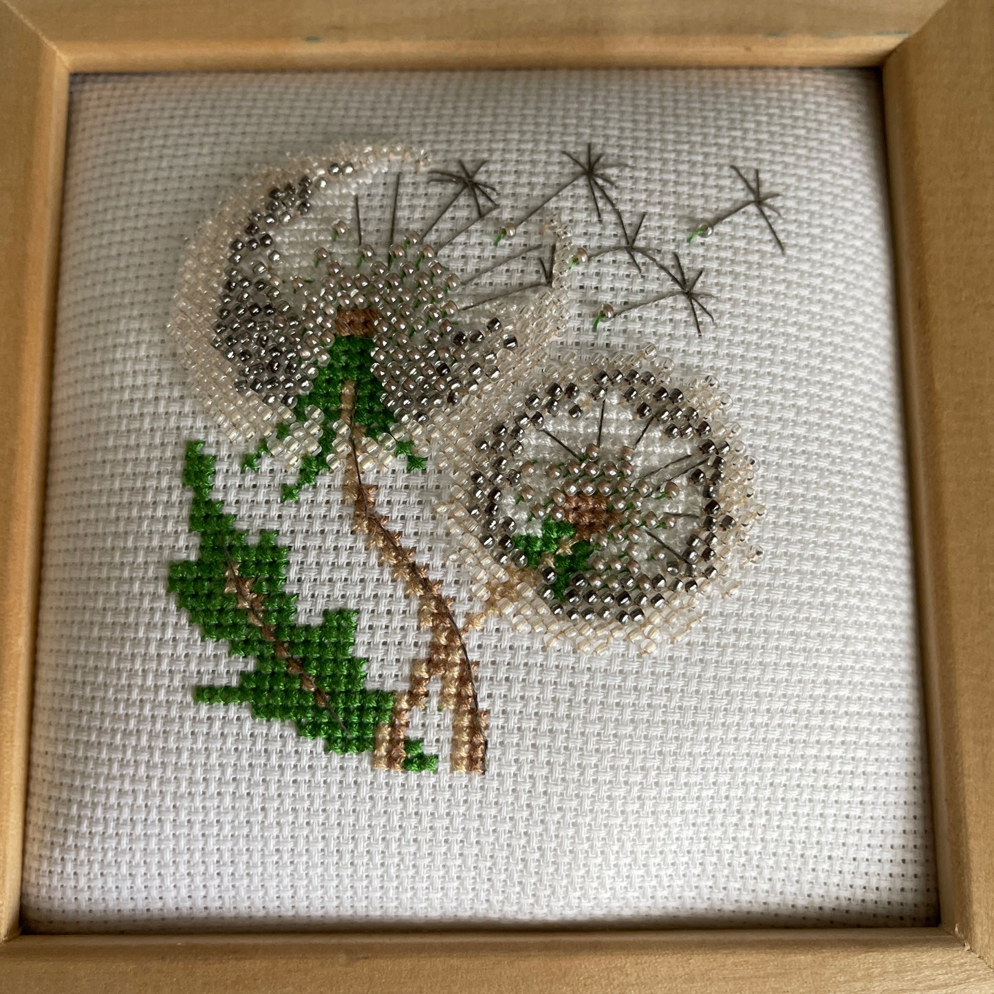 Fluffy Dandelion with seeds flying in a nice natural 7.5 inch square frame fully finished cross stitch picture