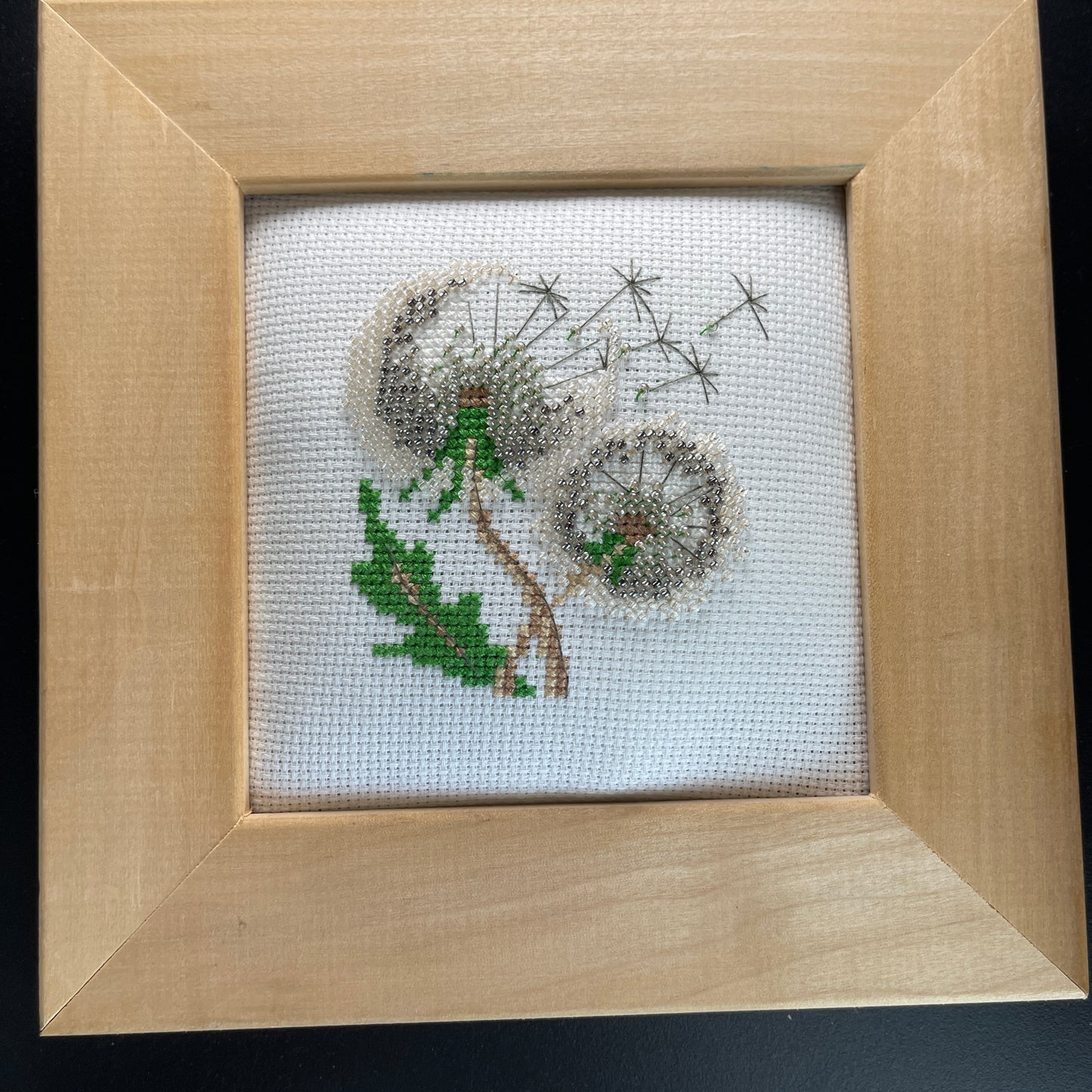 Fluffy Dandelion with seeds flying in a nice natural 7.5 inch square frame fully finished cross stitch picture