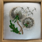 Fluffy Dandelion with seeds flying in a nice natural 7.5 inch square frame fully finished cross stitch picture