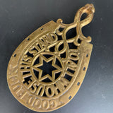 Beautiful brass horseshoe trivet with "GOOD LUCK TO ALL WHO USE THIS STAND" vintage kitchen collectible
