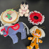 Fun crafting themed set of 5 vintage cloth ornaments mouse in hoop, gingerbread man, horse, teddy bear, and wreath