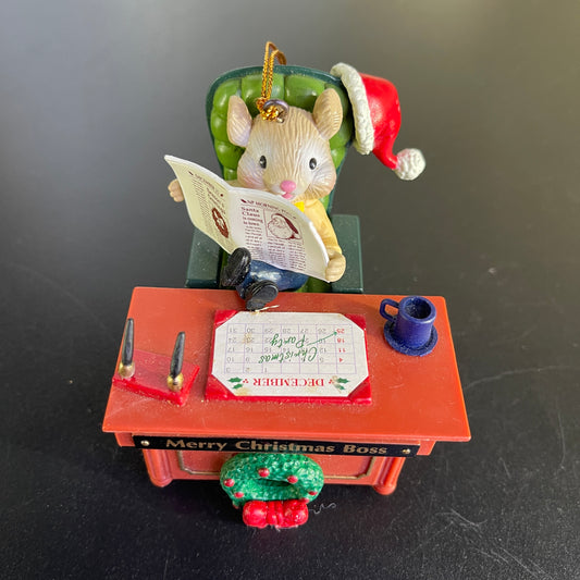 Merry Christmas Boss Mouse reading the paper at desk vintage plastic ornament