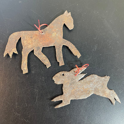 Rustic Horse and Rabbit metal cut-outs vintage Christmas ornaments