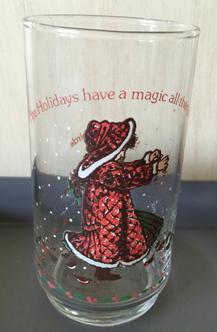 Holly Hobbie " The Holidays have a magic all their own" , Holly feeding birds Coca Cola glass