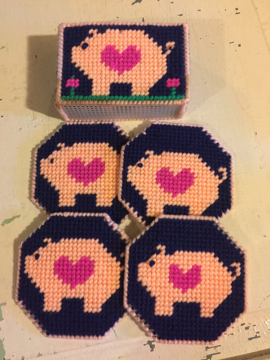 Pig with heart, coaster set, in coaster holder, completed/finished, Vintage plastic canvas project