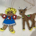 Doll and Reindeer hand painted set of 2 wooden ornaments