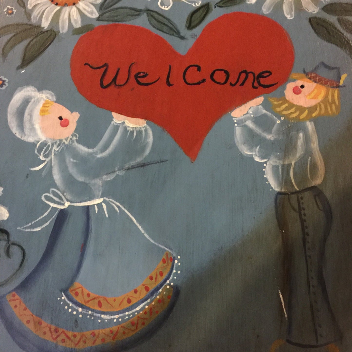 Welcome Sign, Featuring An Amish Looking Couple and Flowers, Vintage Hand Painted Wall Hanging*