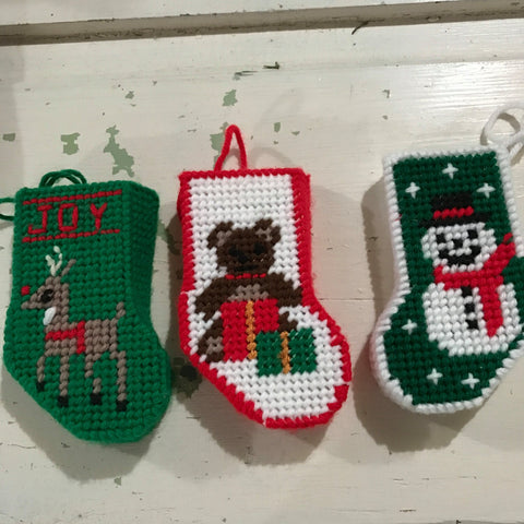 Set of 3 vintage plastic canvas hand crafted stocking ornaments