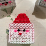 Santa containers, Set of 3, vintage plastic canvas handcrafted with bonus mini cards (could be hung on tree)