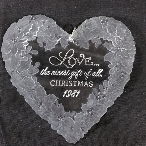 Hallmark, Love..The Nicest Gift of All, Christmas, Dated 1981, Heart Shaped Acrylic, Ornament, QX5022