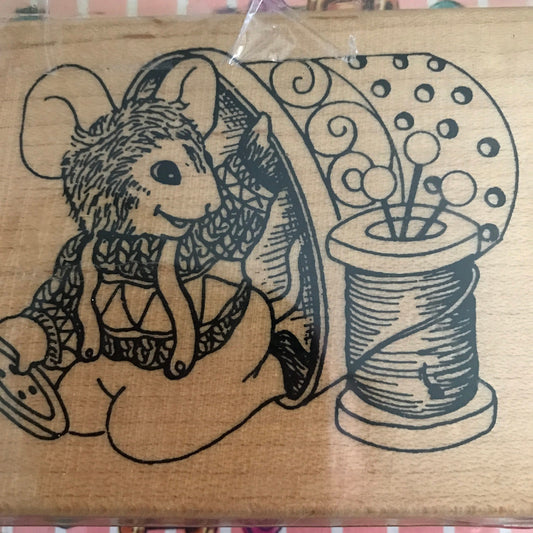 Mouse with thimble and thread vintage wood block rubber stamp 4" x 3"