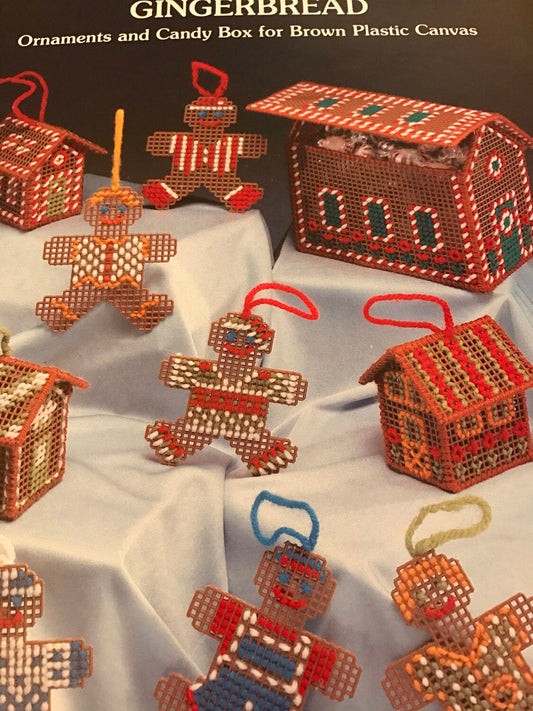 Gingerbread Ornaments and Candy Box for Brown Plastic Canvas Leaflet 22, vintage plastic canvas pattern book*