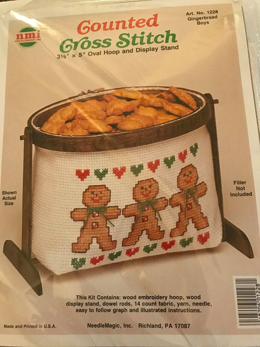 NMI Gingerbread Vintage counted cross stitch oval hoop and display stand Gingerbread Boys design