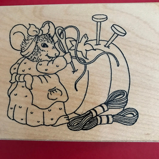 Mouse with pin cushion , pins and thread 4 by 3 inches, Vintage rubber stamp