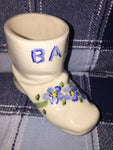 Pretty Blue Flower Motif Baby Bootie w BABY written on it, Porcelain, Vintage Collectible