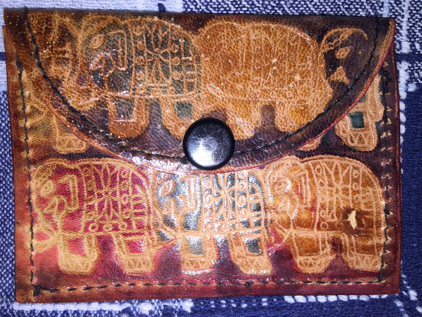 Elephants, Engraved and Stained Vintage Collectible Coin Purse Handmade Leather