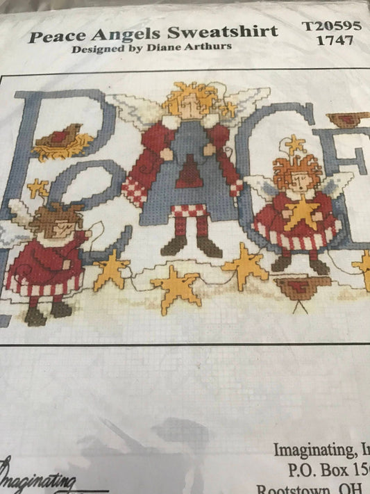 Imaginating Peace Angels Sweatshirt design kit with waste canvas, counted cross stitch