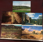 Vintage Westward trip five (5) used postcards New Mexico Veiled Statue, So. Dakota Badlands Hood Natl. Monument, Colorado U of C Boulder