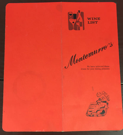 Vintage Collectible wine list from Montemurro's Sharpsburg, PA