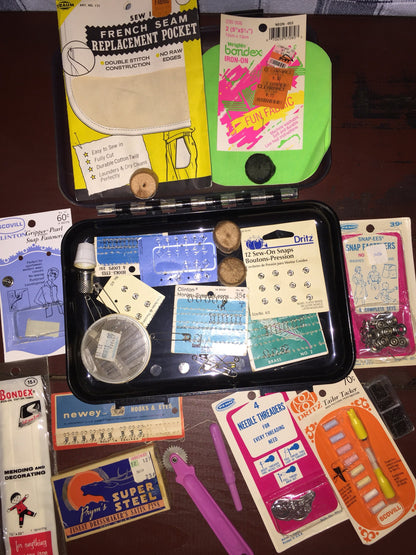 Bargain Box Of Vintage sewing supplies and fasteners etc. in a terrific sewing project durable hinged box