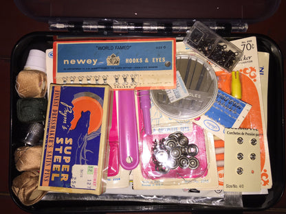 Bargain Box Of Vintage sewing supplies and fasteners etc. in a terrific sewing project durable hinged box