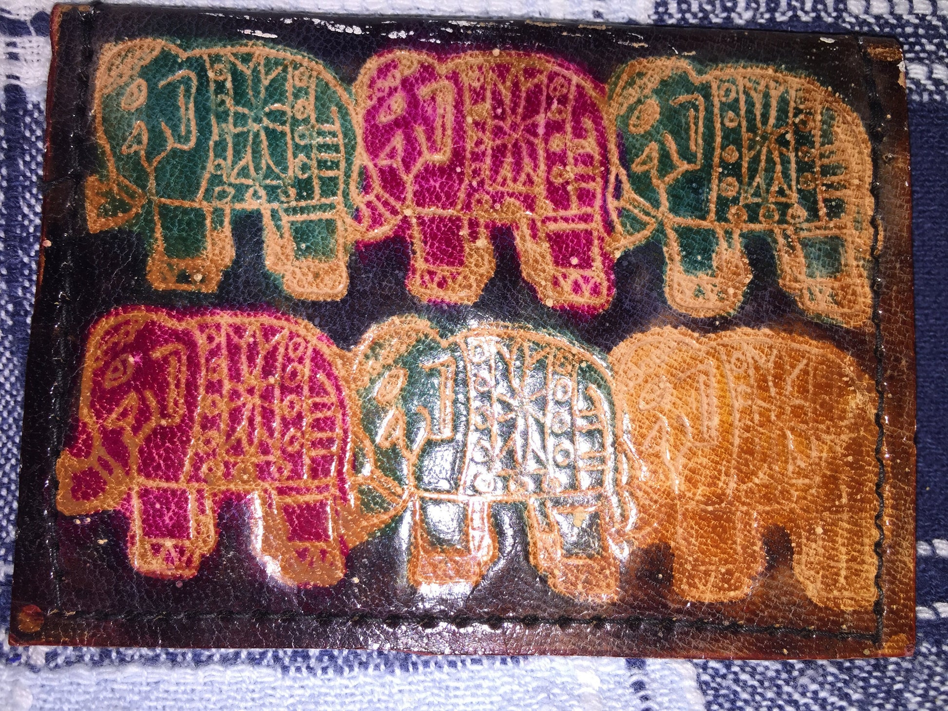 Elephants, Engraved and Stained Vintage Collectible Coin Purse Handmade Leather