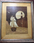 Wood inlay "Canal de Bezgle - Sur Argentino Vintage signed artwork by Dionisio Porlirio, Argentina with certificate of authenticity on back