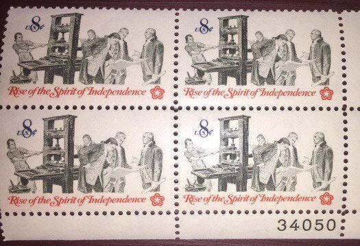 Vintage Collectible 1973 4 Mint US Block 8 Cent Stamps Rise Of The Spirit Of Independence Printing 34050